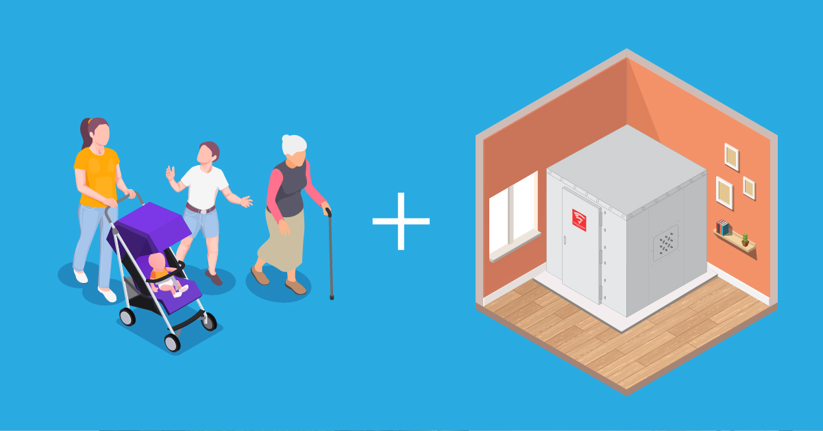 family and elderly person and tornado shelter Illustration of a family with an infant and elderly person entering a tornado shelter