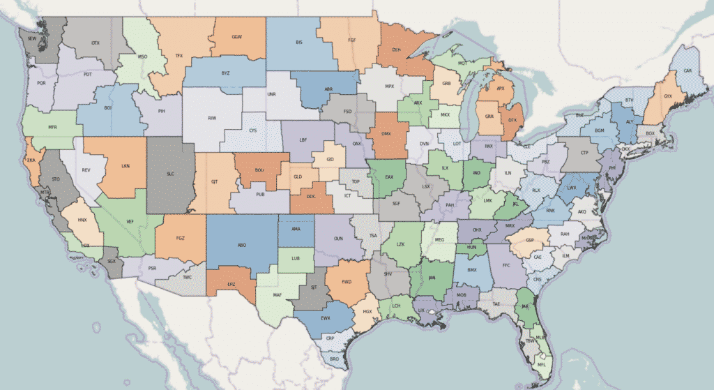 a US map showing the 3-letter nws county warning areas