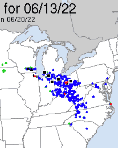 a map showing damage caused by a derecho