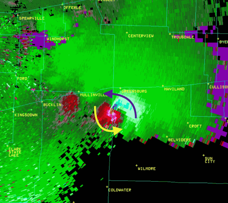 A doppler image showing tornado forming in Greensburg Kansas