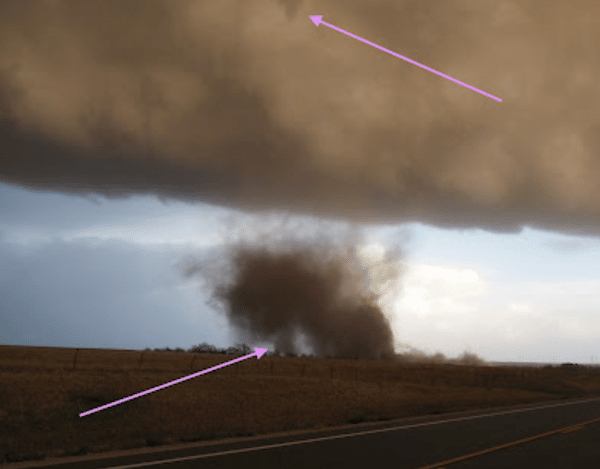 A tornado forming from the ground up with arrows showing the funnel forming