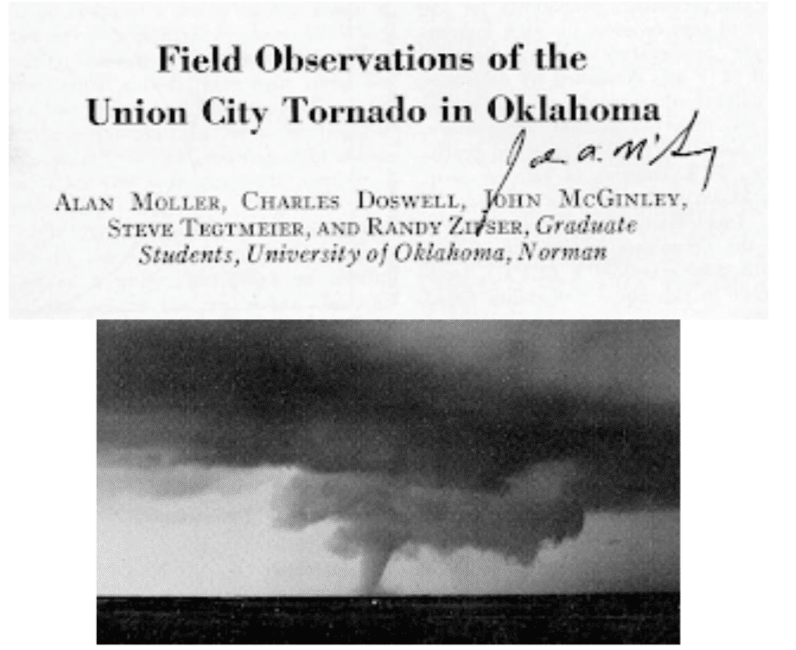 a black and white from from a book on the field observations of tornado in Union City Oklahoma 1973