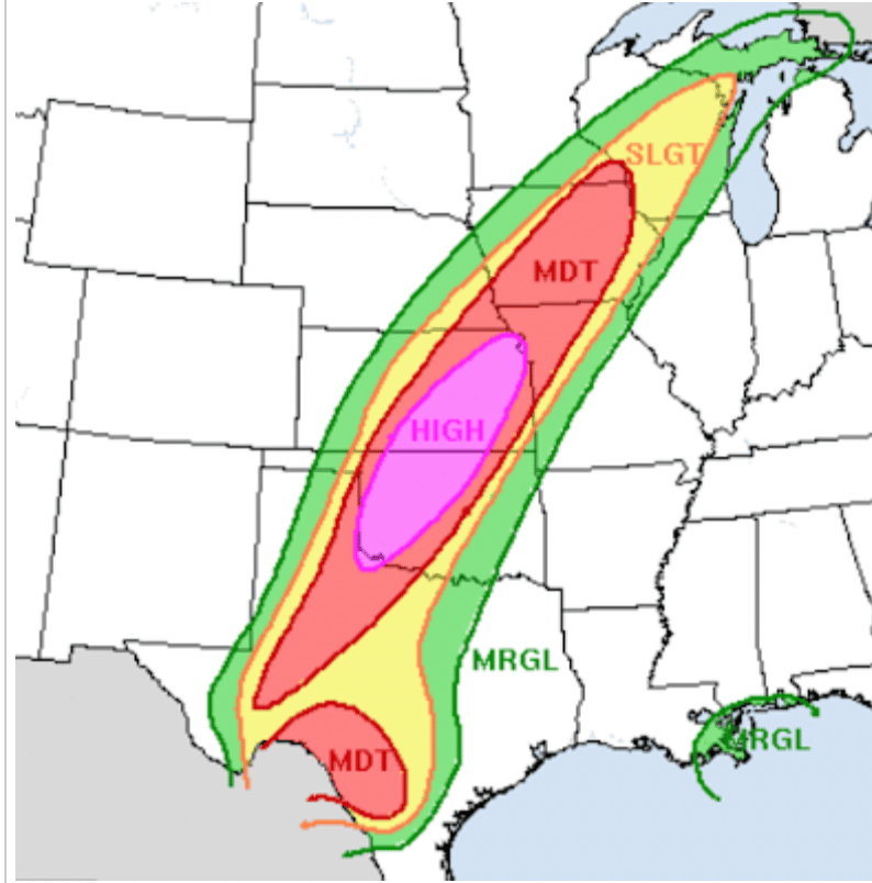 flash flood warning warning that shows a purple streak going through parts of Texas, Oklahoma, and Kansas.