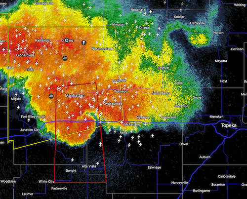 A national weather service polygon map, showing areas in red, orange, yellow and green. Some of the red area is mapped off in yellow lines - this is the polygon area of this tornado warning.