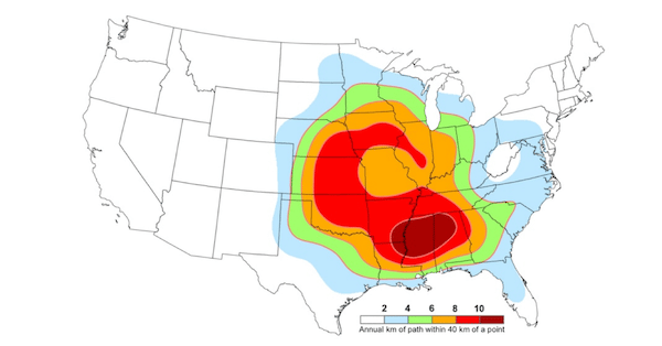 an updated map of today's tornado alley depicting tornado frequency in the midwest and southern states