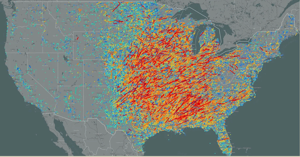 a map of all tornadoes that have occurred between 1880 and 2019