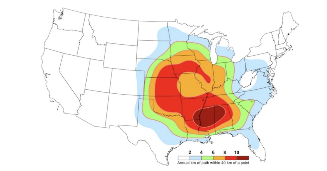 an updated tornado alley map that stretches from the deep south circular, through the midwest