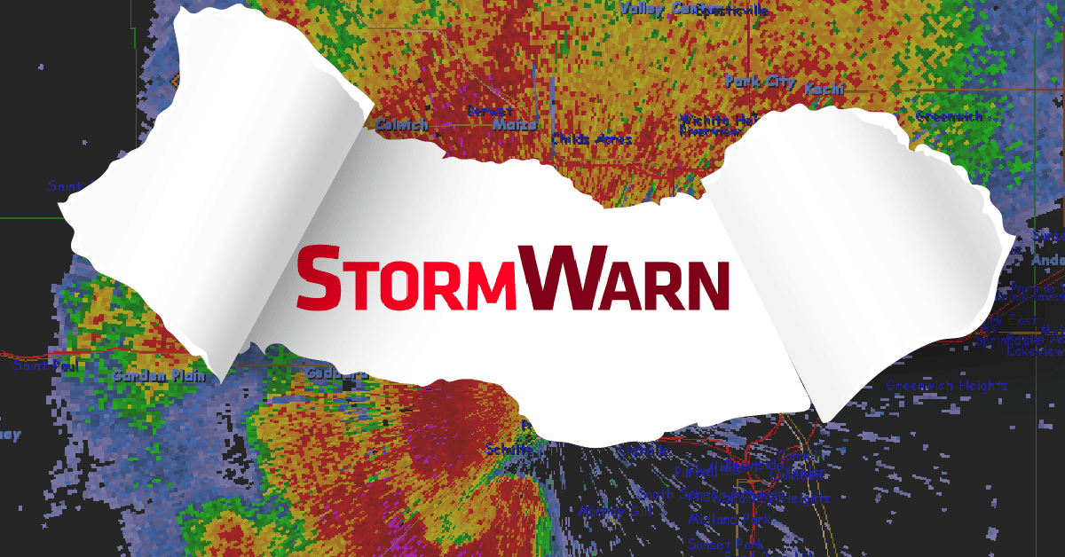 an illustration of a paper radar map image being torn to reveal the StormWarn logo