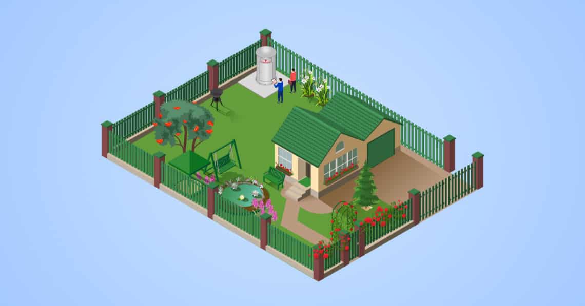 an illustration of a residential tornado shelter placed in a backyard.
