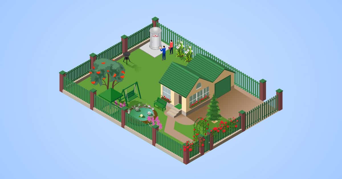 an illustration of a residential tornado shelter placed in a backyard.