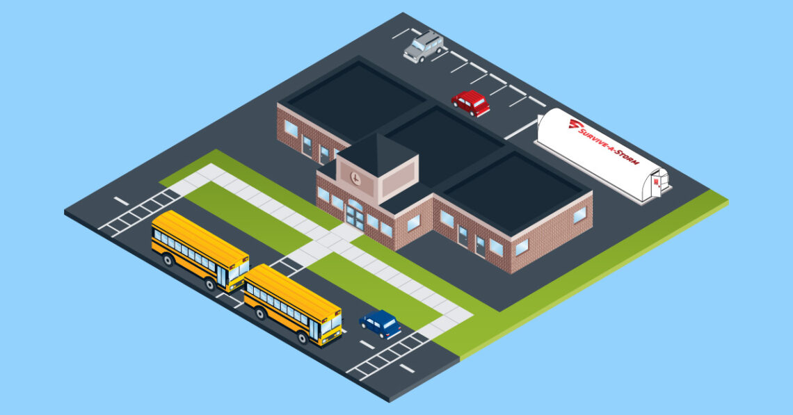Do school tornado shelters help? This illustration shows how tornado shelters in schools protect.