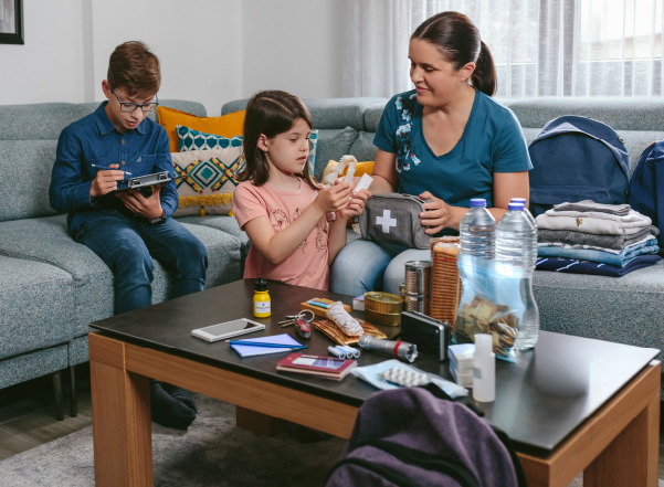 Family reviewing supplies in a tornado emergency kit at home