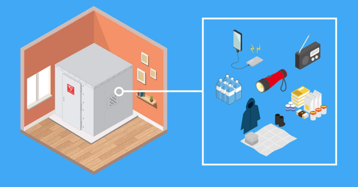 Illustration of a tornado shelter with an emergency preparedness kit shown inside