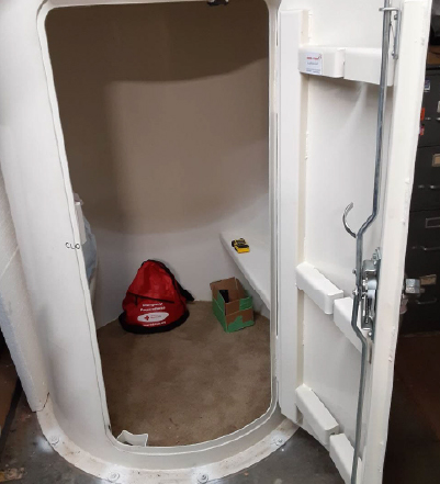 tornado shelter with emergency kit inside Tornado emergency kit stored inside a Twister Pod tornado shelter