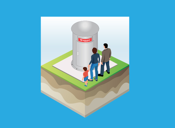 Family standing next to a permanently installed above-ground tornado shelter on a residential property. (Illustration)