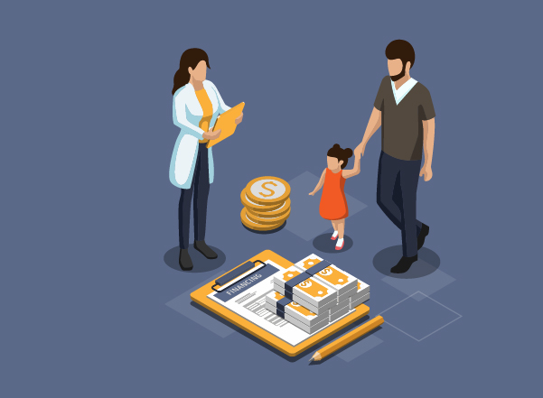 Family reviewing financing options with advisor, paperwork, and savings (illustration)