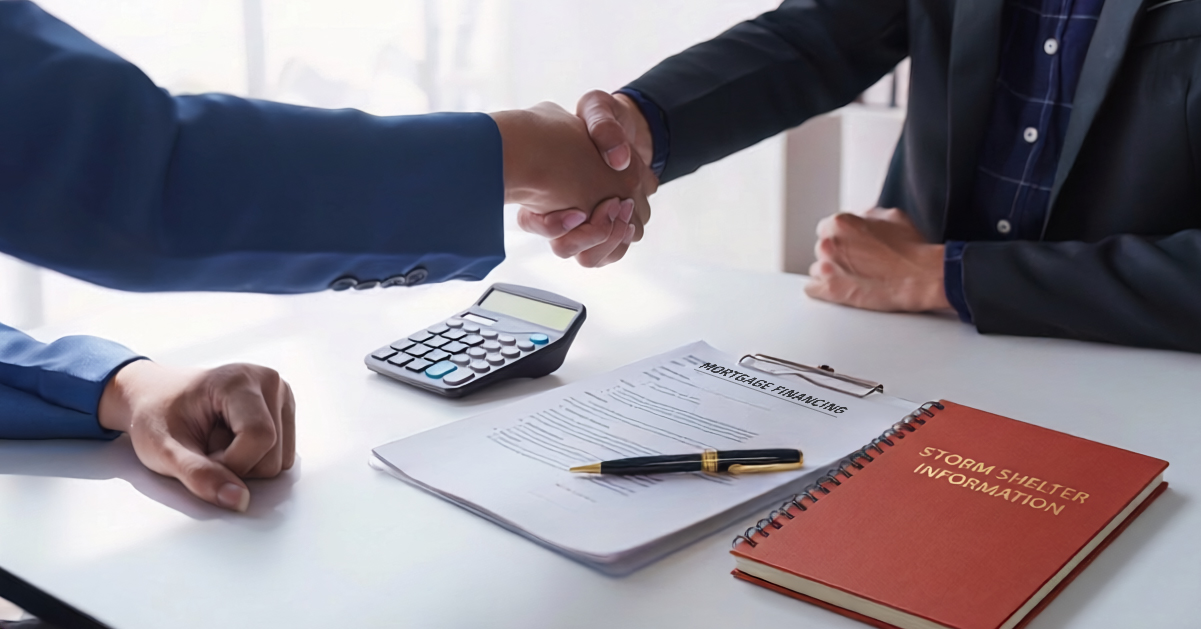 Two people reviewing paperwork and shaking hands during a storm shelter financing agreement.