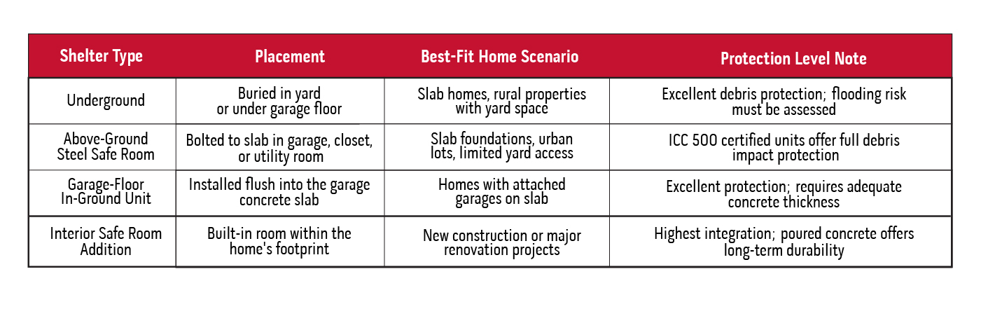 Table comparing safe room and storm shelter types for residential homes.