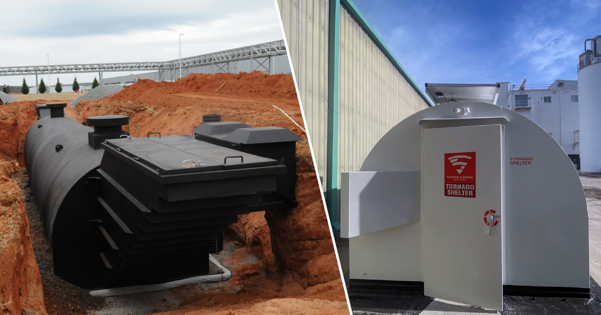 Side-by-side comparison of an in-ground commercial tornado shelter installation and an above-ground commercial tornado shelter entrance.