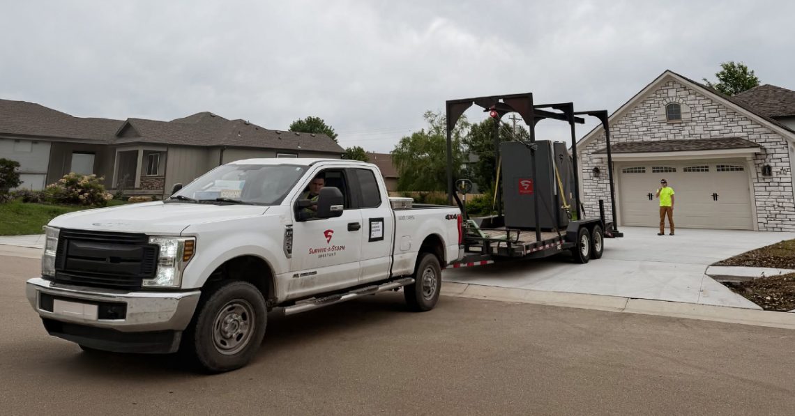Survive-A-Storm delivery truck transporting an above-ground tornado shelter for residential installation