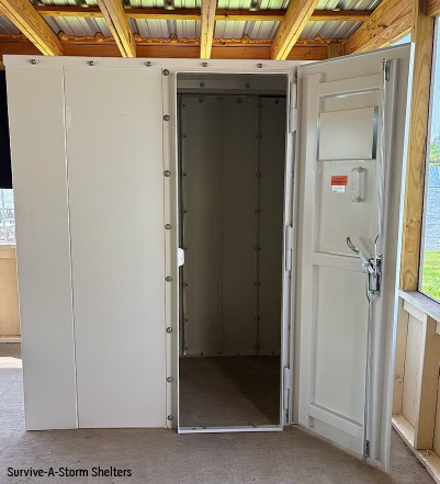 tornado shelter installation professional Above-ground tornado shelter installed and ready for homeowner walkthrough