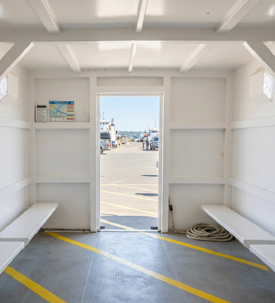 above ground tornado shelter installation process Interior of an above-ground commercial tornado shelter with bench seating and an open entry door.