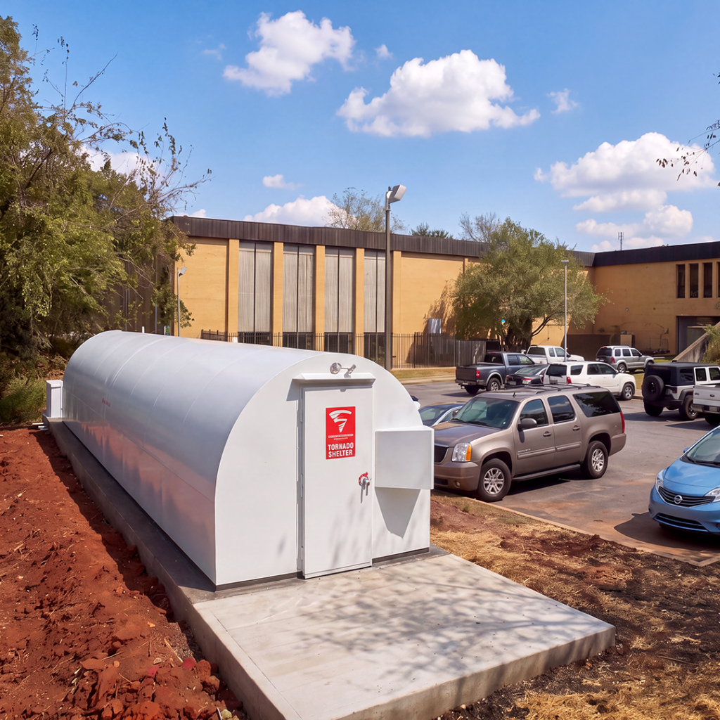 commercial shelter manufacturer school Above-ground commercial tornado shelter installed outside a school building