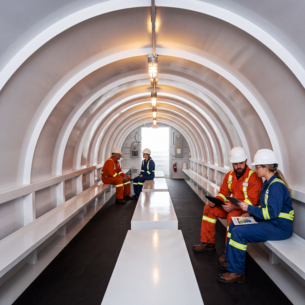Interior of a commercial tornado shelter with seating for employees