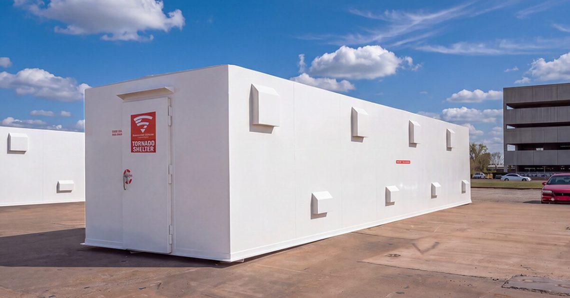 Above-ground commercial tornado shelter manufactured by Survive-A-Storm Shelters