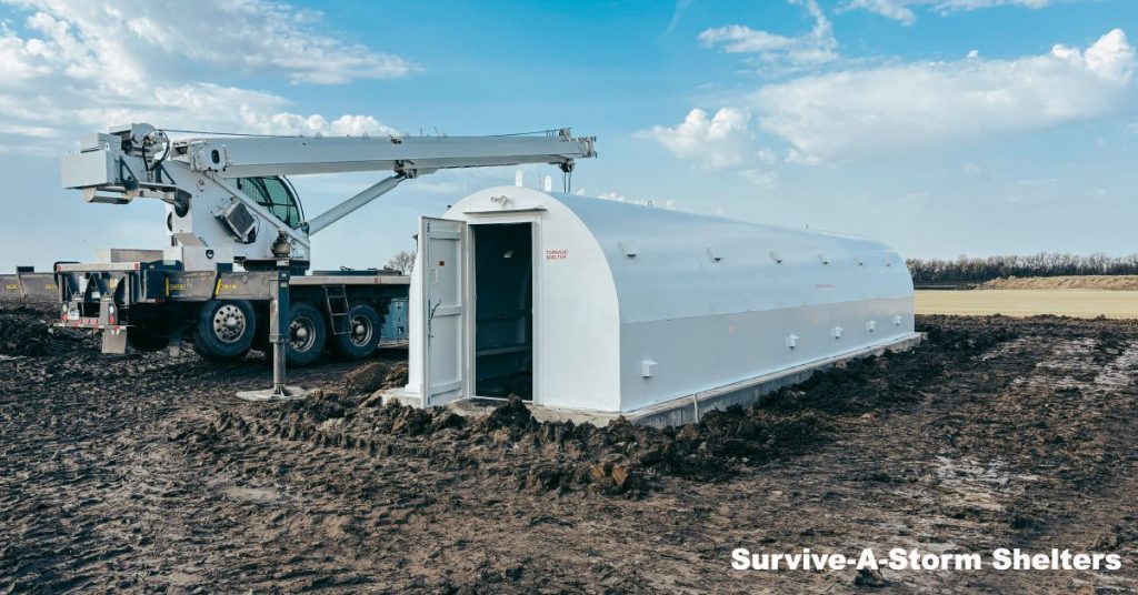 Above-ground commercial tornado shelter at an installation site with a crane truck positioned alongside it.